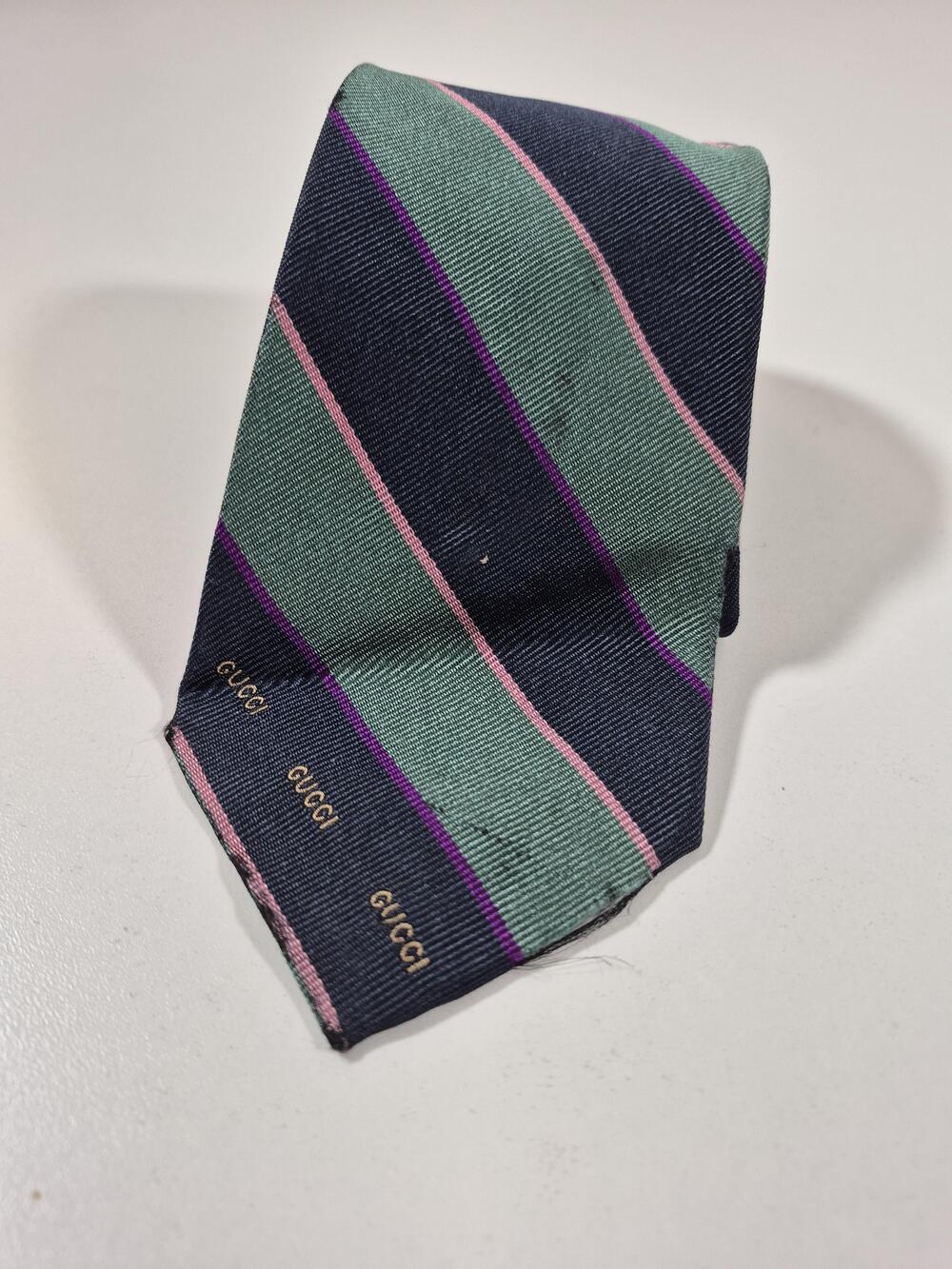 Gucci Tie Men's OS Green Striped Designer Woven Logo FLAW